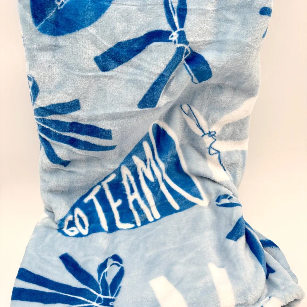 Comfy Football Plush Throw Blanket Spirit Cheerleader Cheer Go Team Blue White - Picture 2 of 6